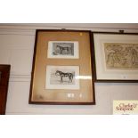 Two black and white prints depicting horses contai
