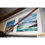 A pair of large framed prints depicting coastal sc