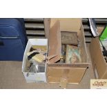 Two boxes containing various tools, paintbrushes e