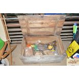 A pine toolbox and contents of various tools etc