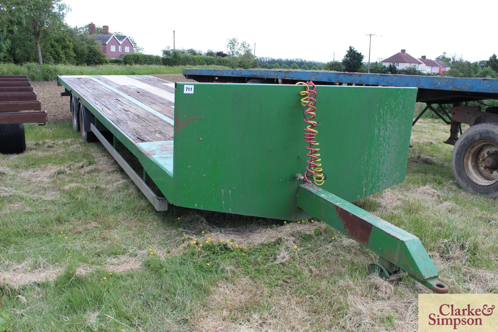 c.32ft twin axle flat bed trailer. Ex-step frame conversion. With twin wheels and air brakes. LV