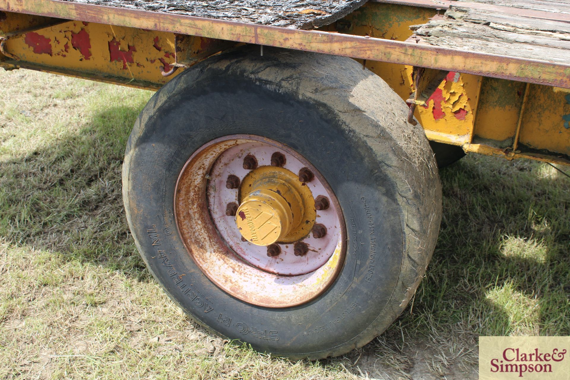 Farm made c.24ft single axle flat bed trailer. With super single wheels and tyres. LH - Image 11 of 14