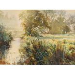 Margaret Glass, rural riverbank scene, initialled