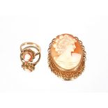 A 9ct gold mounted cameo brooch; and a 9ct gold ca