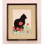 A pair of Art Deco design cat and flower prints