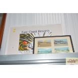 Four framed postcards from Aldeburgh and a reprodu