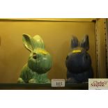 A green Sylvac rabbit ornament and a blue Sylvac r