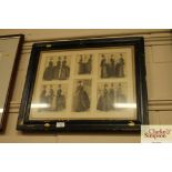 Six Victorian fashion prints framed as one