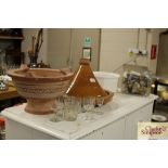 A terracotta urn; a glazed terracotta tagine; vari