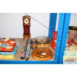 Two wooden clocks; model canal boats; miniature lo
