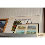 Four framed postcards from Aldeburgh and a reprodu