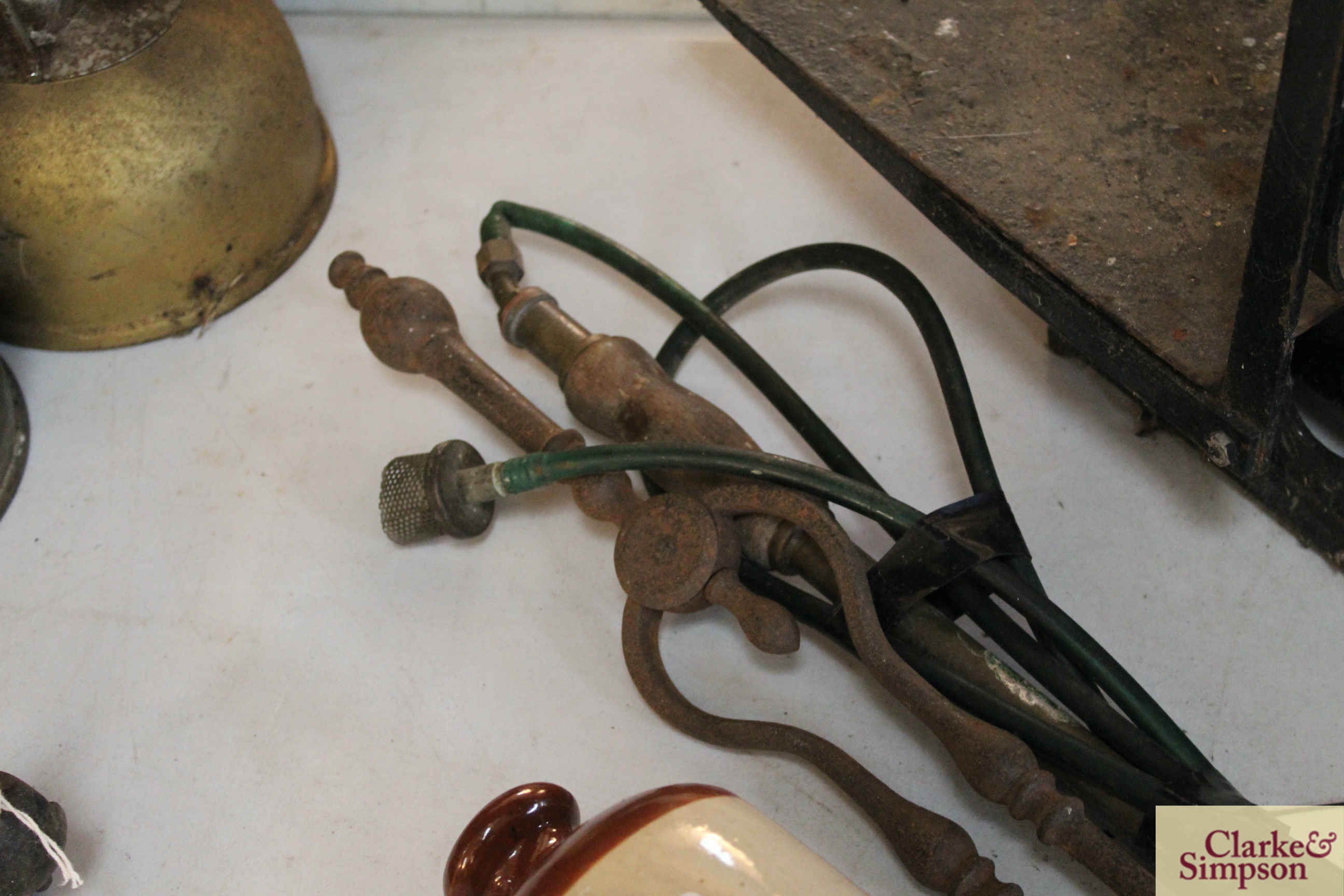 A stoneware glazed hot water bottle, coal tongs, and a - Image 4 of 4