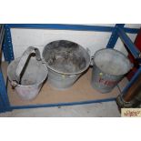 Two vintage fire buckets and a galvanised pail