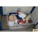 A box of miscellaneous vintage dolls and soft toys