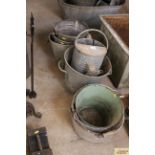 Various galvanised buckets, a two gallon galvanise