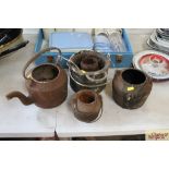 An old metal kettle lacking lid, various glue pots