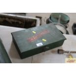 A Ransomes small wooden tool box and contents of n