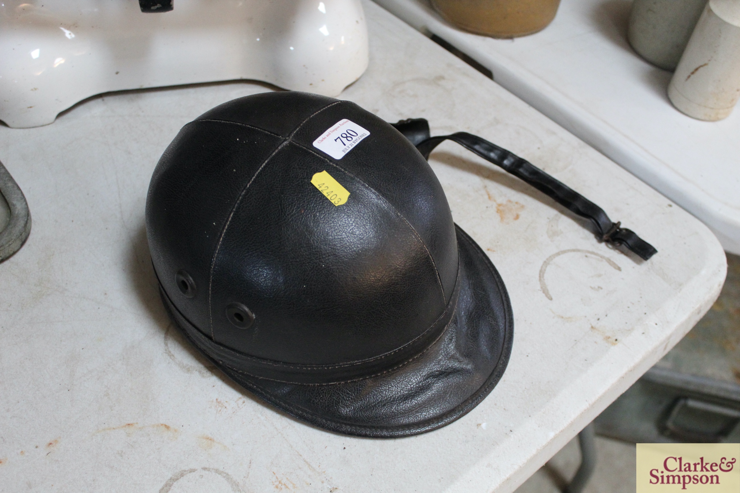 A vintage leather mounted Everoak riding helmet