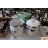 A circular enamel Flour bin with lid, another Flou