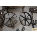Two Victorian wheel barrow wheels