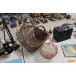 A rustic wicker fruit picking basket and a wirewo