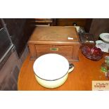 An oak and brass mounted canteen fitted with two d