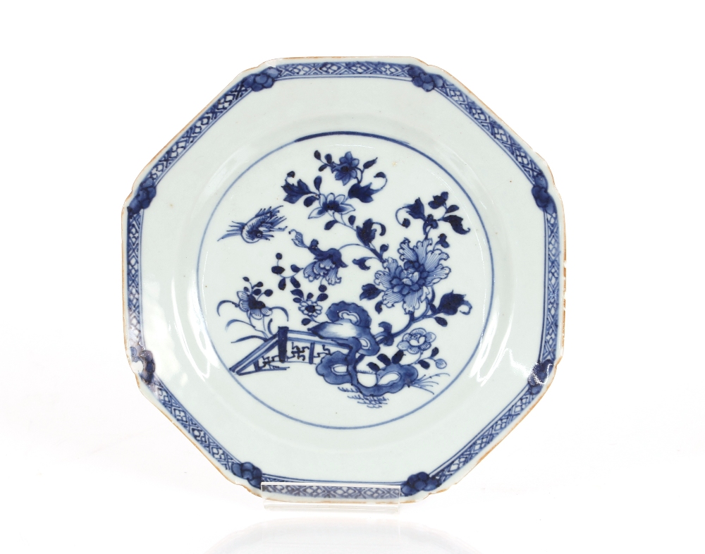 A 19th Century Chinese octagonal plate, decorated flowers, birds and hatched border, 22cm dia.