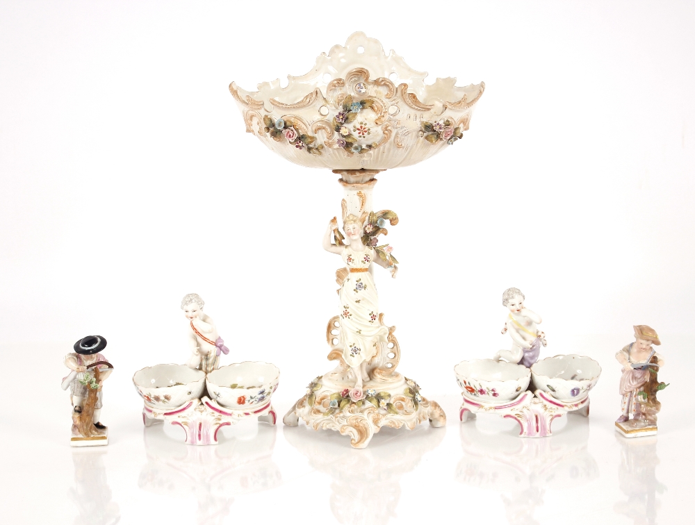 A pair of Meissen type Gardner figures, 10cm high; a pair of 19th Century German porcelain salts