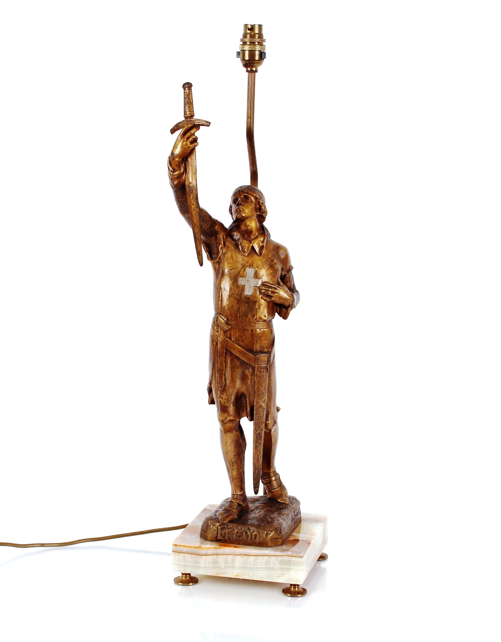 A bronze Joan of Arc lamp, signed J. Monier, complete with silk shade, 95cm high overall, originally