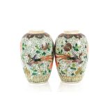 A pair of 19th Century Chinese famille rose vases, of baluster form decorated exotic birds, 34cm