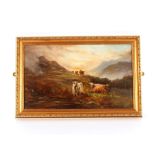 19th Century school, study of highland long horn cattle on a misty mountainside, 29cm x 50cm