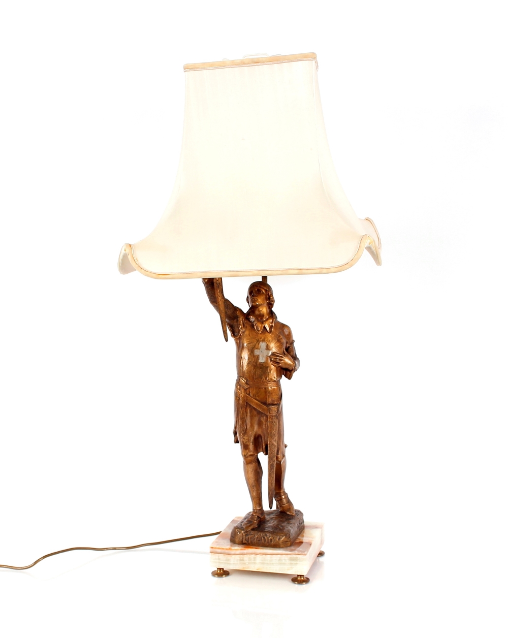 A bronze Joan of Arc lamp, signed J. Monier, complete with silk shade, 95cm high overall, originally - Image 2 of 4