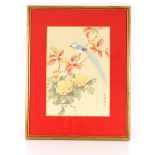 Chinese watercolour, depicting a bird on blossom laden branch, signed, 43cm x 30cm