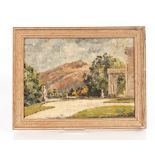 V.M. Long, study of exterior of a country house with rocky landscape in the far ground, 26cm x 35cm