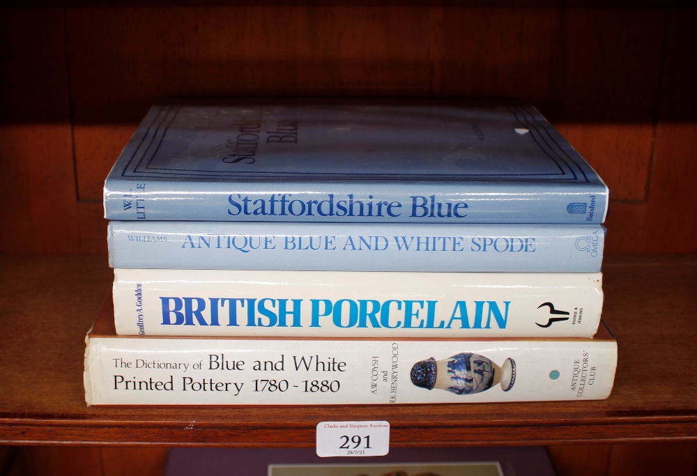 Four porcelain and pottery reference books, including "The Dictionary of Blue and White printed