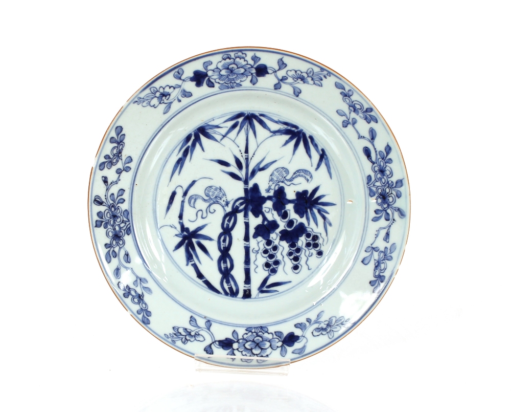 Five 19th Century Chinese blue and white plates, decorated with squirrels amongst bamboo shoots,