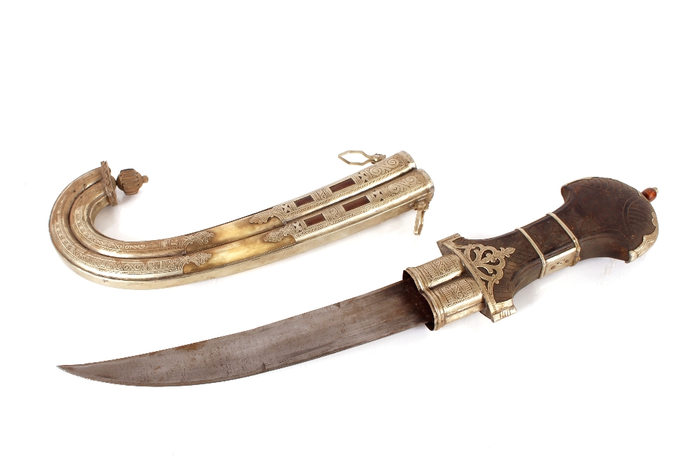 A Khanja Jambyo, Indian sword in white metal, wood and horn mounted scabbard - Image 2 of 2