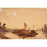 Manner of Peter De Wynt, river scene with moored barges and distant Cathedral view, unsigned