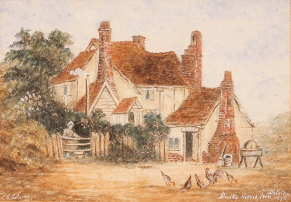 E. Adams, Suffolk school watercolour of The Bucks Horn in Belstead, signed 13cm x 18cm; and