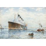 B Harrison, study of a four funnelled ocean liner, possibly R.M.S.Lucitania with tug boats in