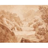 Attributed to J Curstall 1767-1847, study of a waterfall, unsigned pencil and watercolour, 19cm x