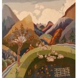 E.M. Hood, an unusual 20th Century needlework picture of a mountainous pasture scene, label to the
