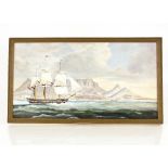 English Marine, naive school study of a 19th century three masted war ship off Cape Town with