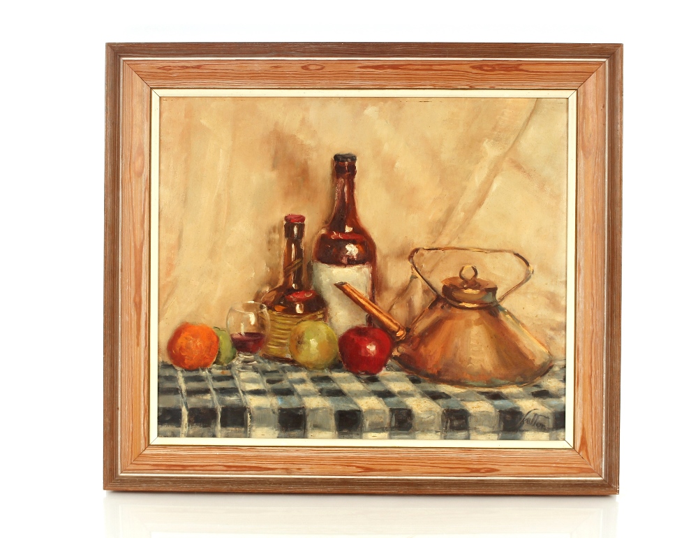 Leonard F Sutton, still life with copper kettle, signed oil on board, 48cm x 58cm - Image 2 of 2