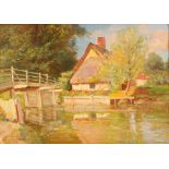 Sidney A Driver, "Tranquil Summer River" with a wooden bridge and cottages, signed and dated 1933,