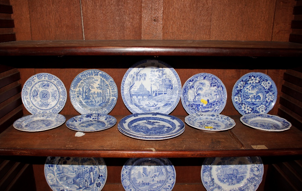 A collection of various small 19th Century blue and white transfer printed plates, including Ridgway