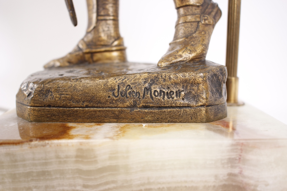 A bronze Joan of Arc lamp, signed J. Monier, complete with silk shade, 95cm high overall, originally - Image 3 of 4