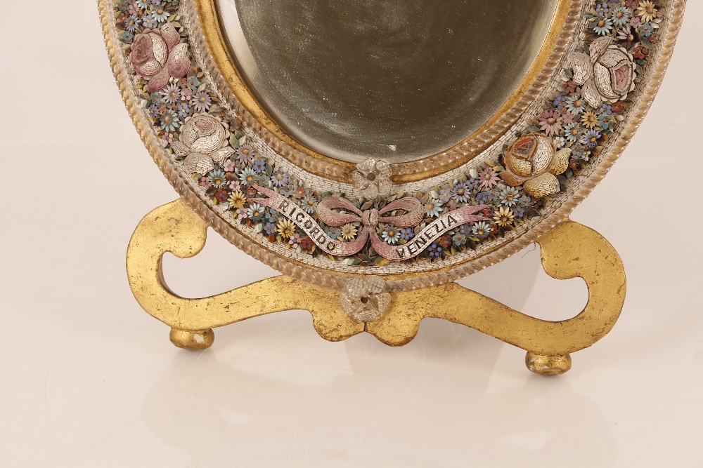 A 19th Century Venetian glass and micro mosaic easel mirror, raised on a gilt scroll base, 49cm x - Image 2 of 2