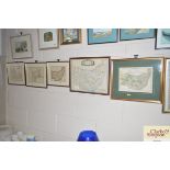 Five framed coloured maps depicting Suffolk, Norfo