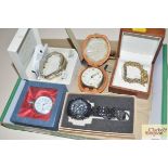 Five various watches; a travelling alarm clock and
